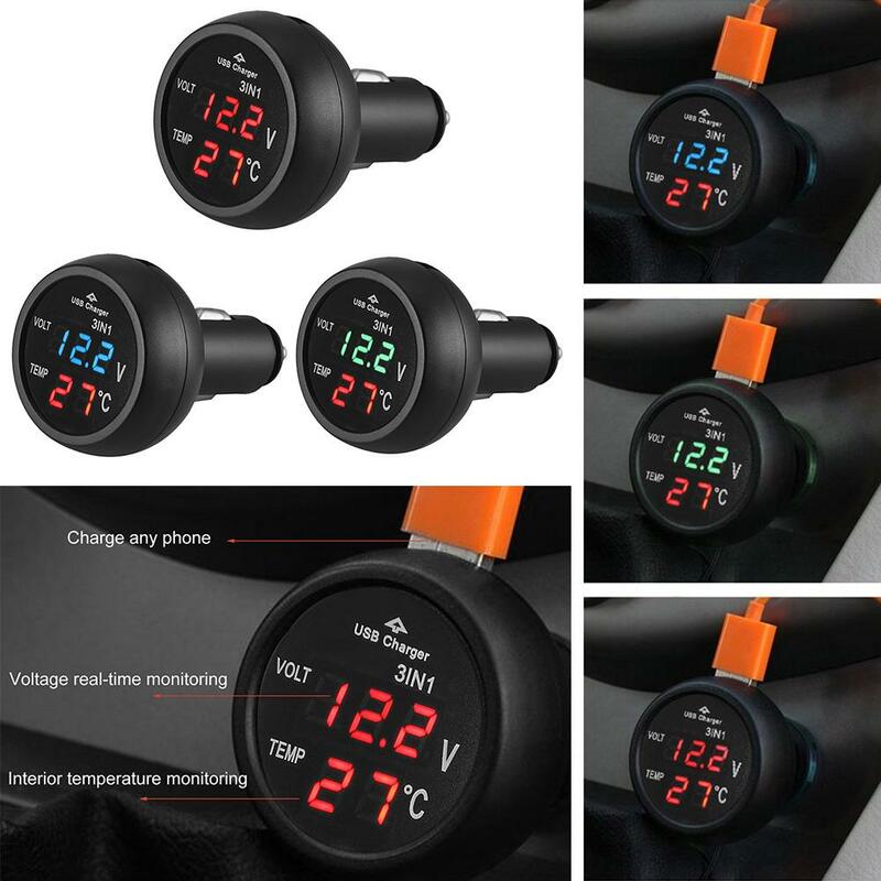 VODOOL 3 in 1 12/24V Car Auto LED Digital Voltmeter Gauge Thermometer Monitor Display USB Charging Charger For Phone Tablet GPS