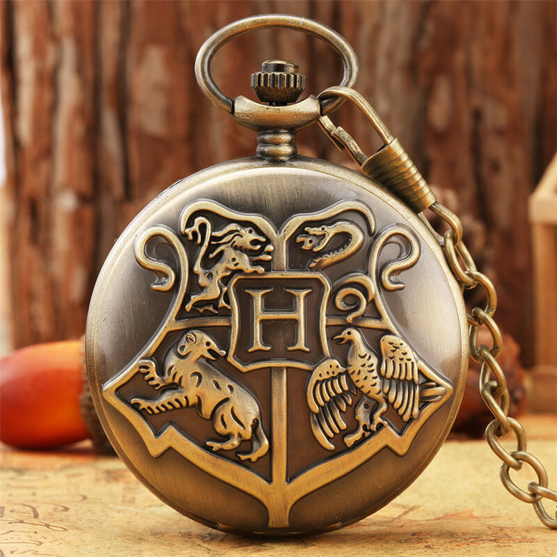 Magical School Theme Men's Bronze Quartz Pendant Pocket Clock Long Chain Pocket Watch Antique Cosplay Necklace Timepiece Gifts