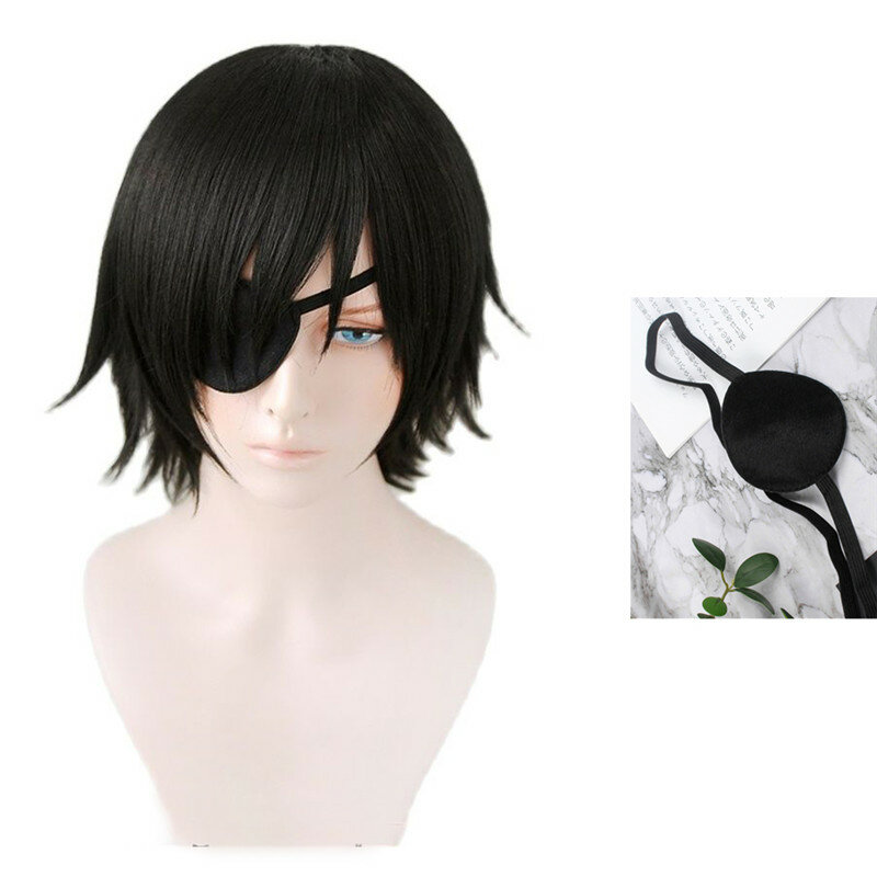 Himeno Wig Cosplay, Wig tahan panas + topi Wig tahan panas, wig rambut pendek hitam 30cm, Cosplay Anime, dengan tambalan mata