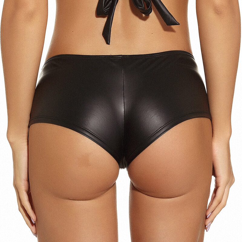 Senhoras olhar molhado sexy mini shorts de couro feminino biquíni preto fino sem costura moda novo estilo zíper boate mostrar traje clube
