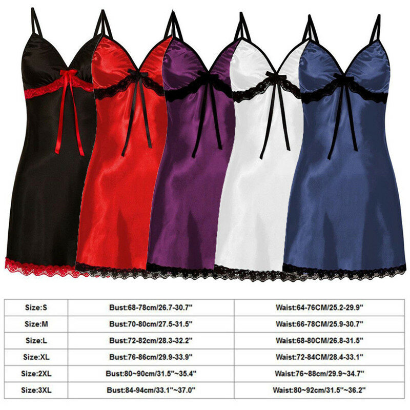 Porno Sexy Sleep Dress Women Lace Silk Satin Nightdress Sleeveless Nighties V-neck Nightgown Plus Size 3XL Sleepwear Nightwear
