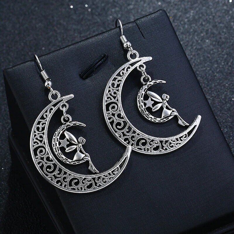 Orecchini a mezzaluna misterioso gioielli gotici orecchini a forma di luna angelo orecchini a forma di luna intagliati orecchini a forma di angelo regalo di moda
