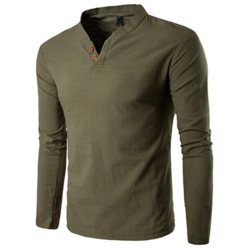 Men Chinese Style Buttons V-Neck Long Sleeve Stand Collar Cotton Linen Shirt Top