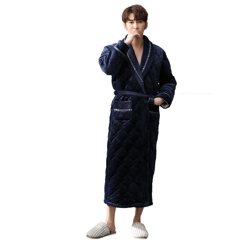 Big yards L-3XL thick quilted coral flannel long-sleeve male robe letter stitching bathrobes male sleepwear winter pijama hombre