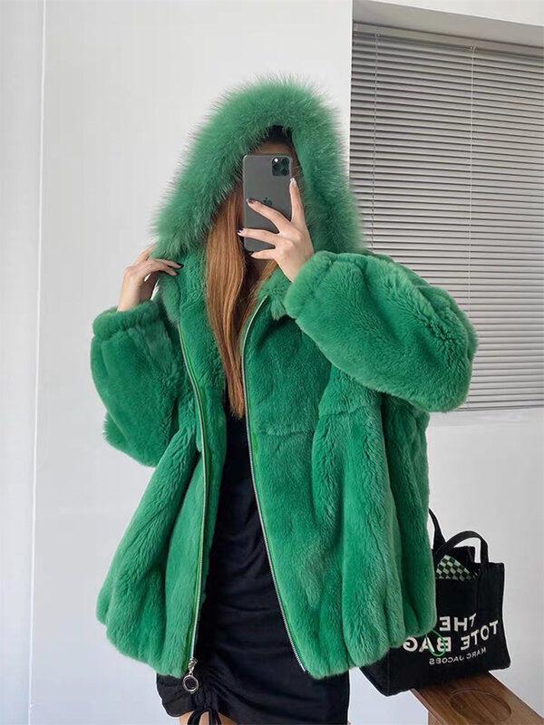 Hot Sale Women Winter Warm Soft Solid Thick Real Rex Rabbit Fur Hooded Real Fox Fur Collar Long Oversize Loose Fur Outerwear