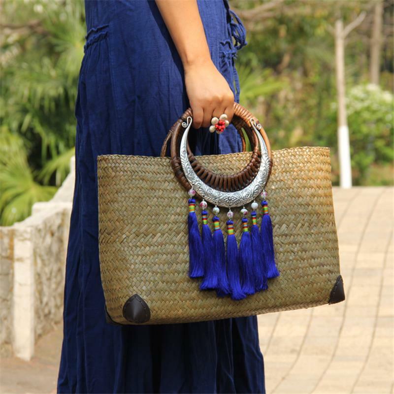 42x26cm original artesanal saco de palha rattan tailandês saco de palha seaside férias retro tecelagem feminina grande saco a6110