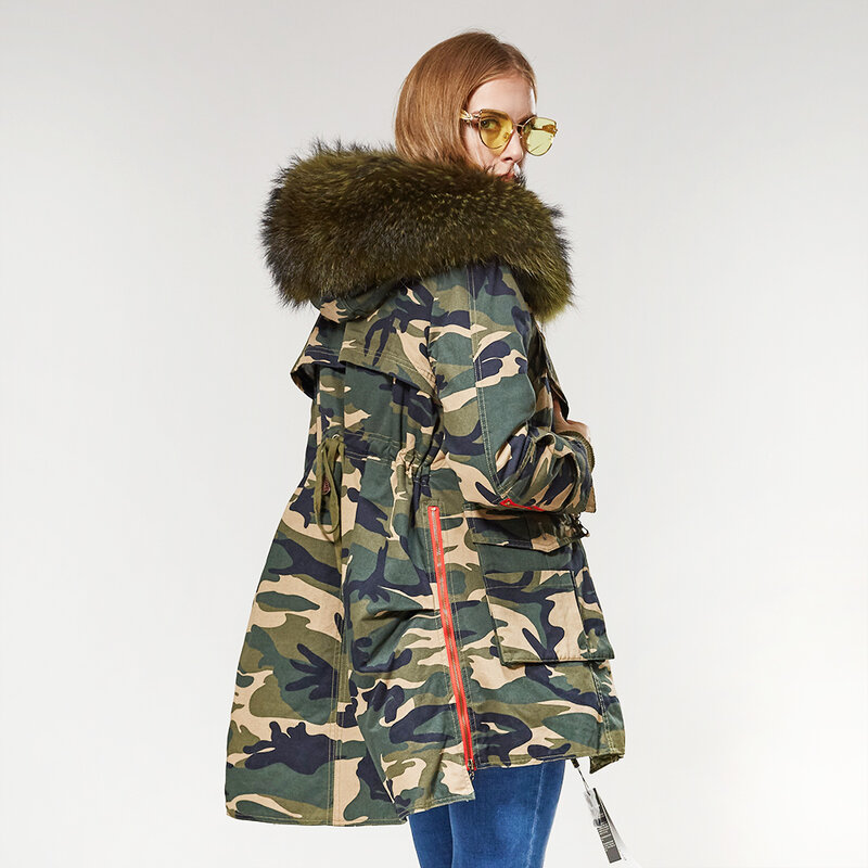 · 2021 moda giacca invernale reale cappotto di pelliccia naturale collo di pelliccia di procione reale sciolto lungo verde Parker giacca di pelliccia rimovibile