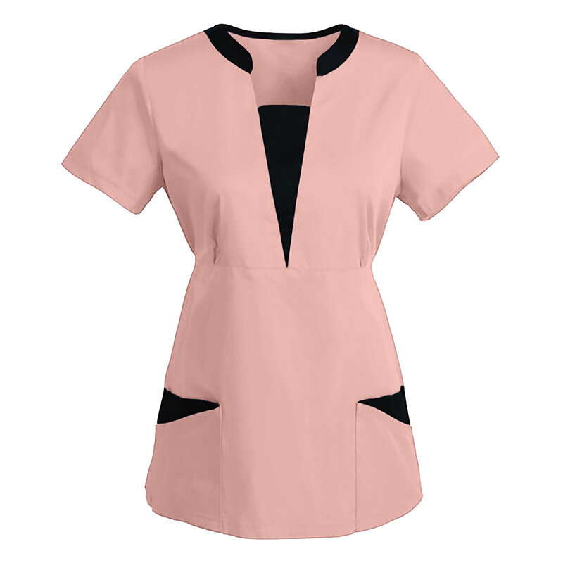 Nursing Uniform Women Tops Short Sleeve V-neck Work Uniform Solid Patchwork Color Pockets Blouse Nurse Work Uniform Accessories
