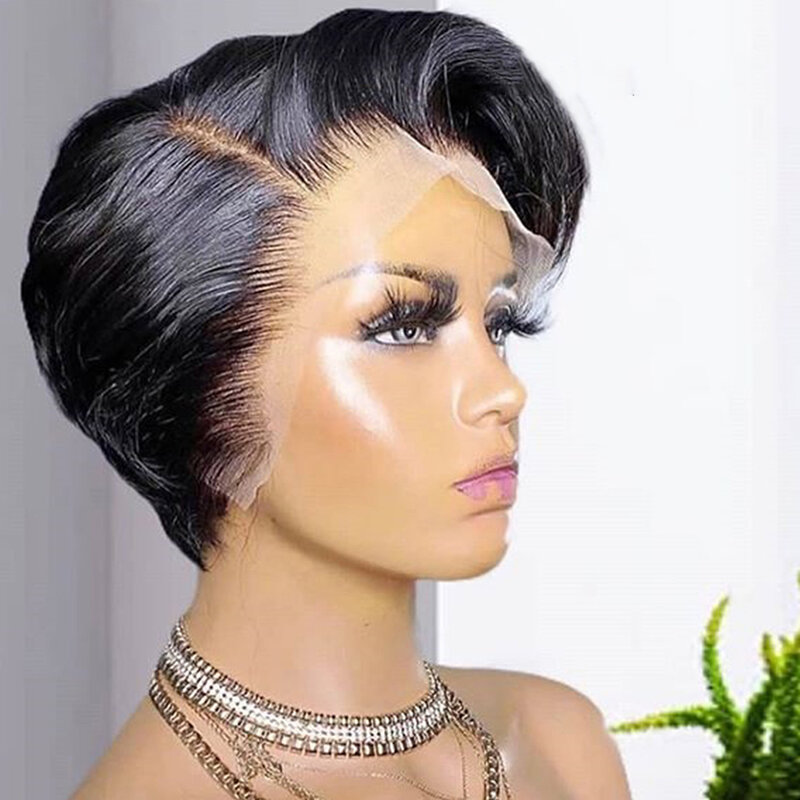 Peruca de cabelo humano brasileira, cabelo curto, corte pixie 13x4, laço frontal, para mulheres, pré-arrancado