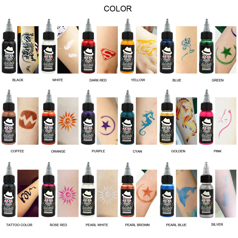OPHIR 에어브러시 임시 문신 잉크, 에어브러시 키트용 문신 잉크 안료, 18 가지 색상, TA053(1-18), 병 당 30ml