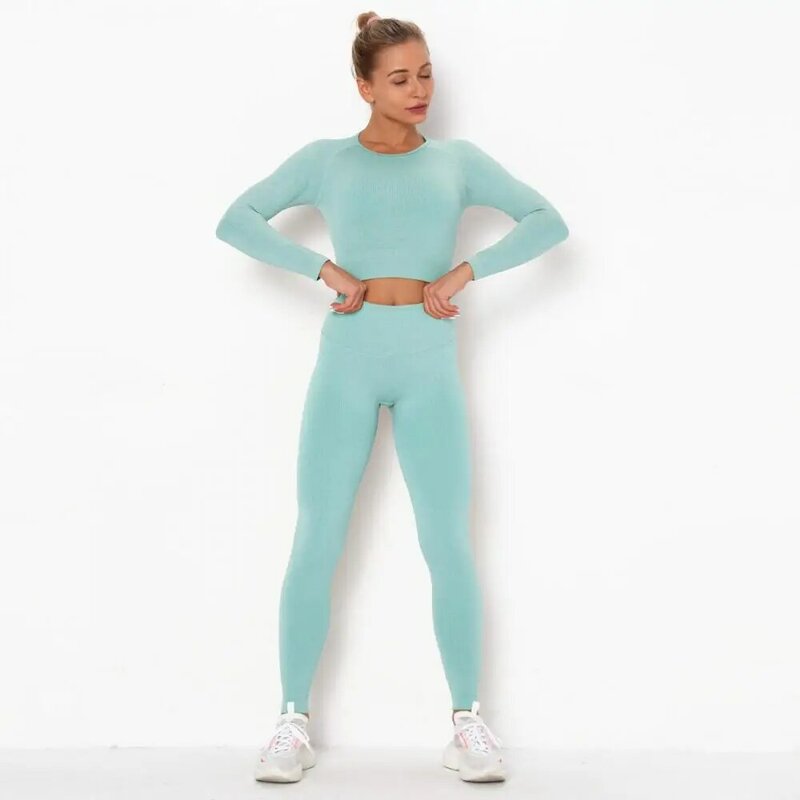 Setelan Olahraga Gym Set Bergaris Yoga 2 Buah Legging Mulus Wanita Atasan Crop Push Up Atasan Lengan Panjang Wanita Baju Olahraga Olahraga