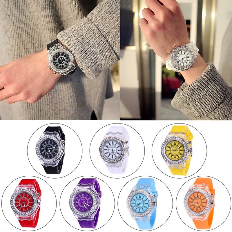 8 tipos de diamantes de imitación coloridos, relojes deportivos LED luminosos y brillantes, reloj de cuarzo para mujer, relojes de pulsera de silicona para mujer