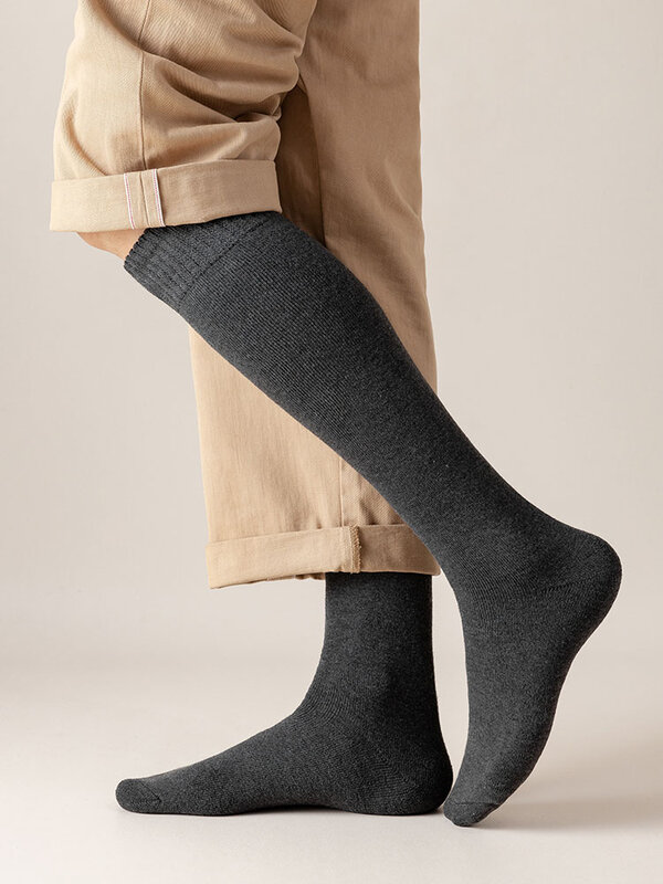 Men's Thick Knee Length Socks In Winter Warm Cotton Casual Black Long Socks 3 Pair