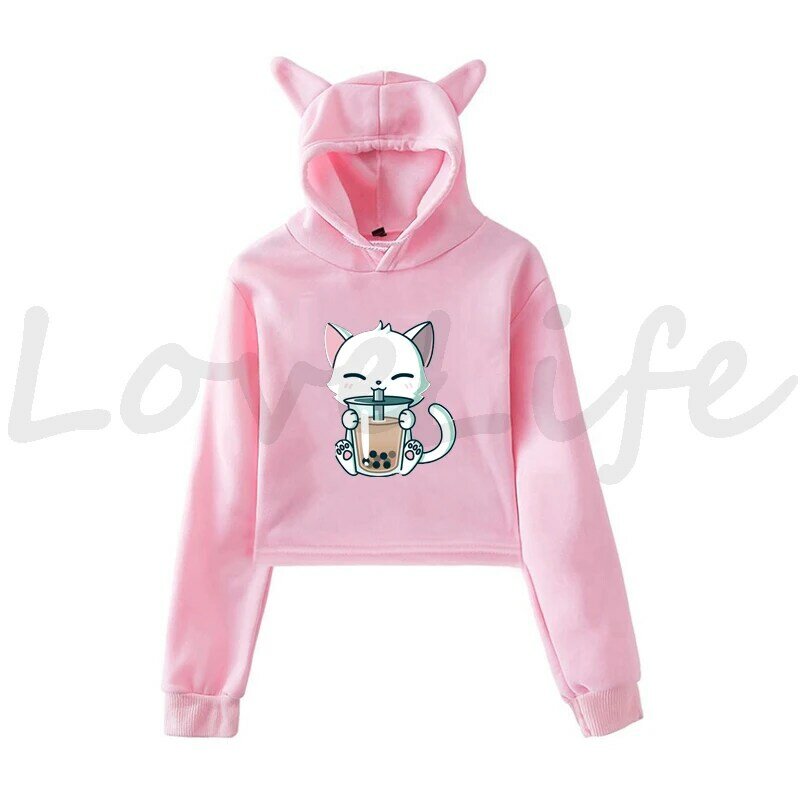 Kawaii Girls Animals Boba Tea Hoodies Cartoon Sweatshirt Pink Fashion Cat Ear Women Panada Cat Fox Pullovers Lady Harajuku Top