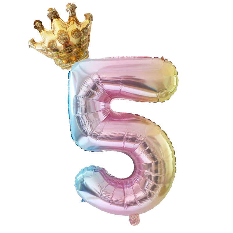 Balões de números do arco-íris, 2 peças, 32 polegadas, balões com mini coroa de ouro, folha de unicórnio, decoração de festa de aniversário, crianças