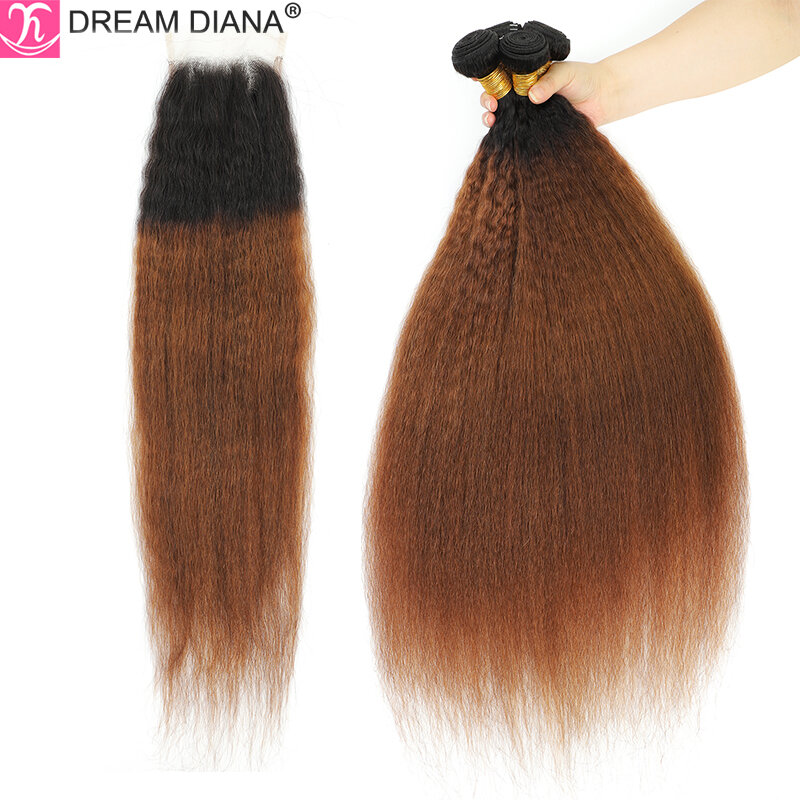 DreamDiana Ombre Brazilian Hair With Closure Remy Ombre Kinky Straight Bundles With Closure T1B/30 Afro Yaki 100% Human Hair
