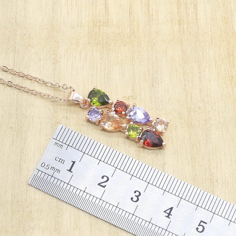 Multicolor Topaz Amethyst Peridot Rose Gold Jewelry Sets For Women Earrings Necklace Ring Pendant Bracelets