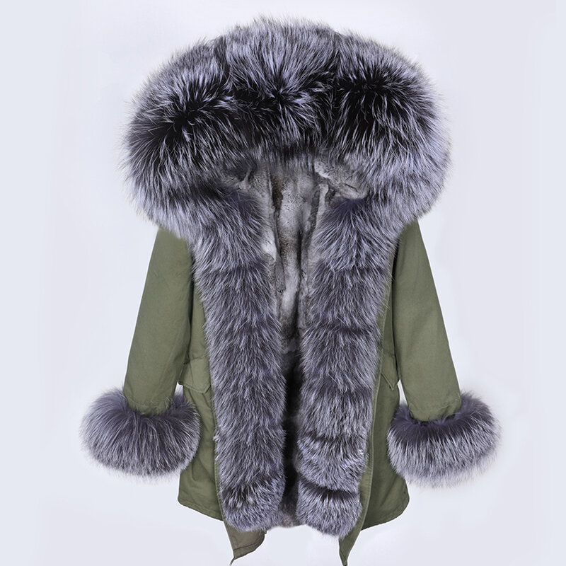 Maomaokong-abrigo largo de piel de conejo Real Natural para mujer, Parka cálida con cuello de piel de zorro plateado, abrigo negro, invierno, nuevo