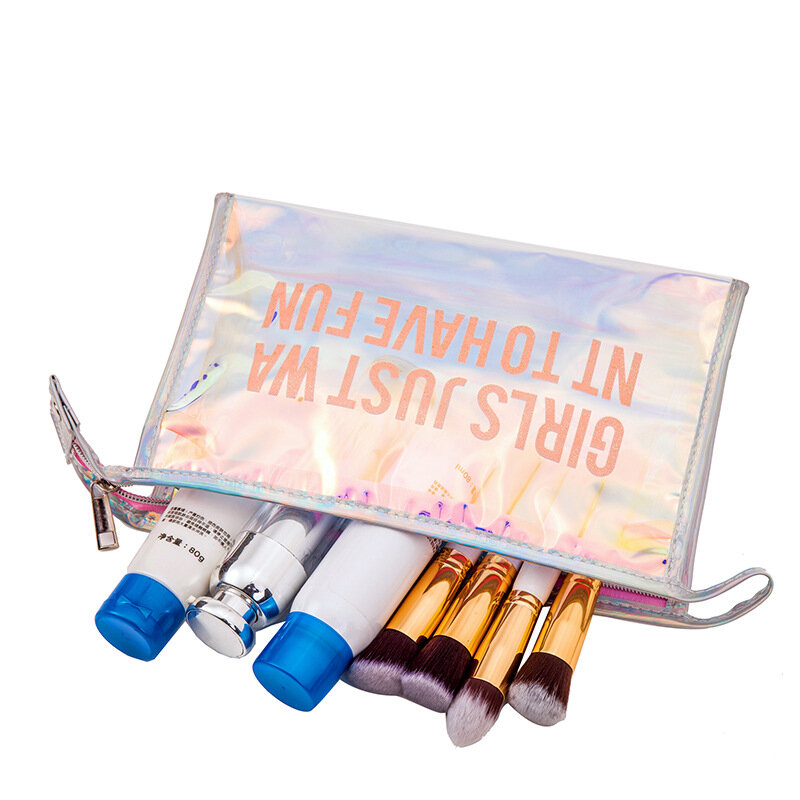 Bolsa de cosméticos de PVC con láser para mujer, organizador de viaje, impermeable, de almacenamiento, con letras y cremallera, 1 ud.