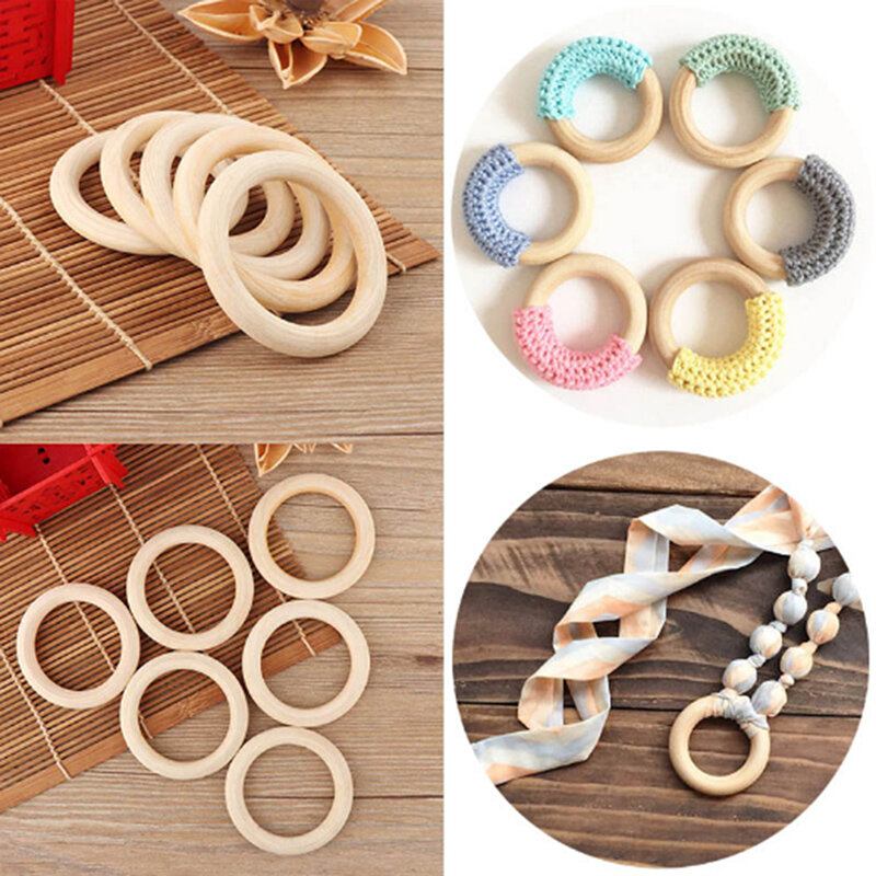 Anéis de mordedor de madeira para bebê 5 peças, pulseira diy artesanato natural novos conectores redondos anéis mordedor chocalhos brinquedos para crianças bebê