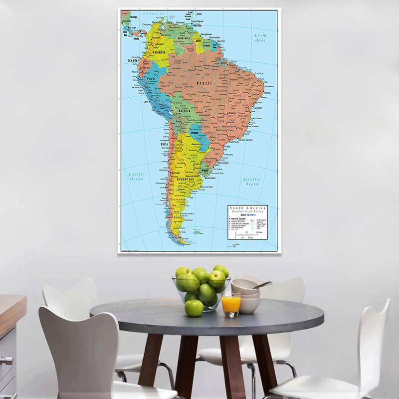 Affiche murale de carte politique d'Amérique du Sud, 100x150cm, peinture sur toile, décoration de salon, fournitures scolaires pour enfants