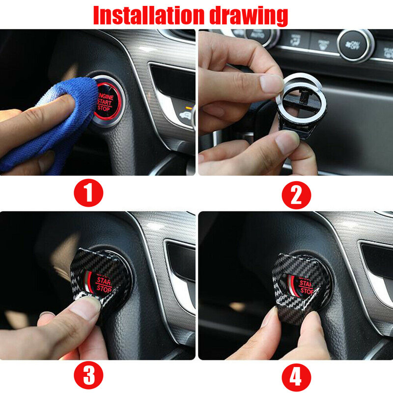 Fibra de carbono motor do carro start stop botão interruptor capa guarnição acessórios decorativos botão pegajoso capa estilo do carro