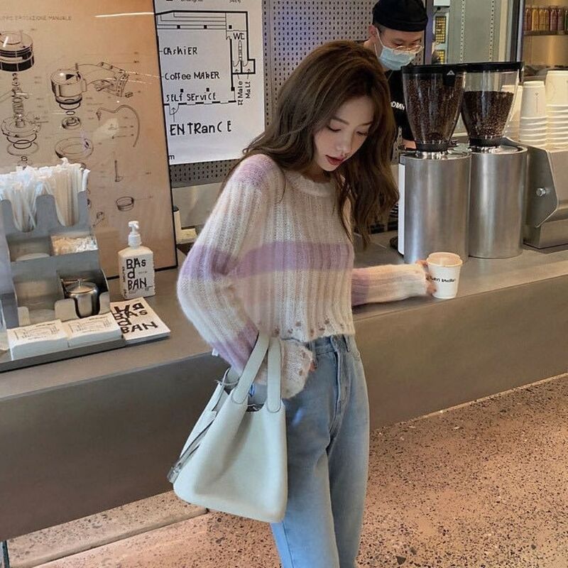 Striped Pullovers Women Cropped Ulzzang Chic All-match Spring Comfortable Mujer O-neck Knitwear Sweaters Sweet Ins Daily College