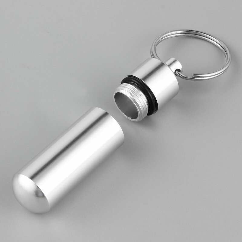 Kotak pil Mini portabel tahan air aluminium perak wadah botol tempat obat wadah dengan gantungan kunci