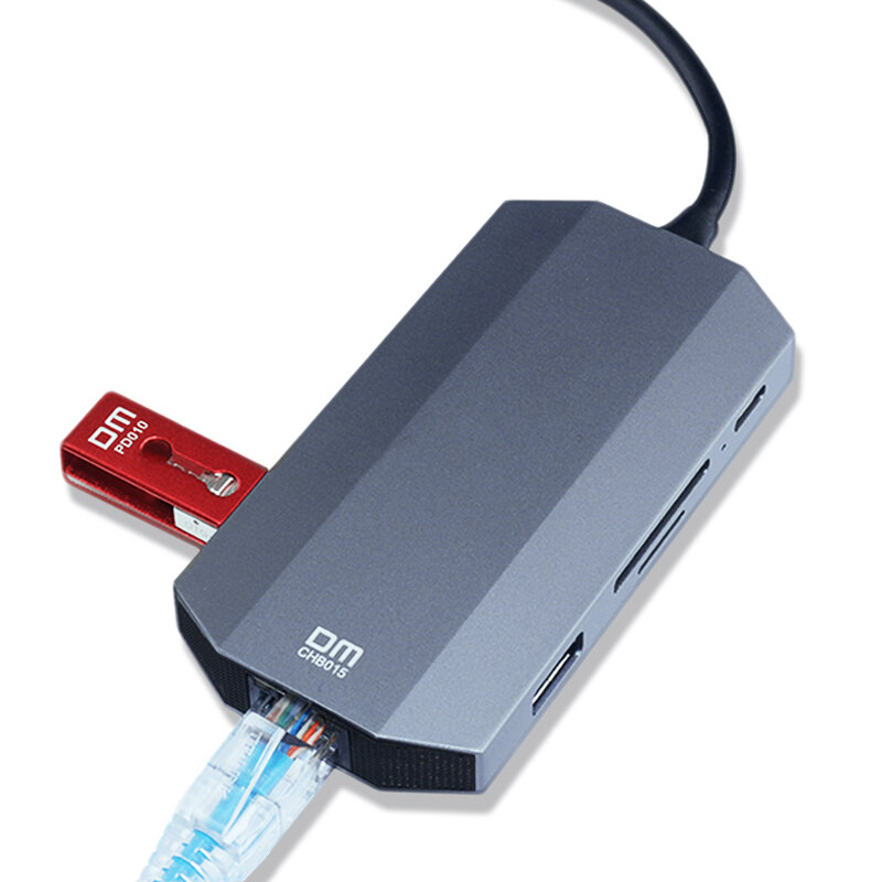 Dm chb015 9 em 1 tipo-c hub com usb3.0 tf cartão sd hdmi-compatível pd áudio e 1000mbps ethernet porta suporte 4k