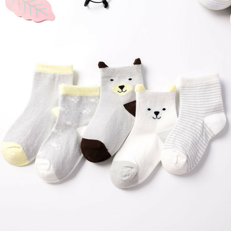 Calcetines de algodón con diseño de oso y gato para bebé recién nacido, medias de 0 a 8 años, venta al por mayor, lote de 5 pares