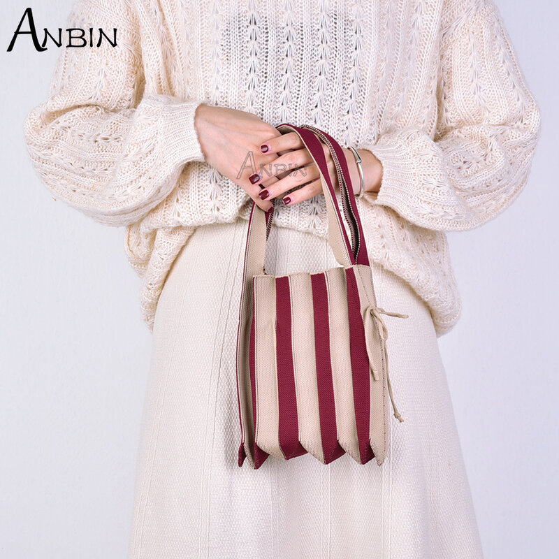 Bolso de hombro tejido de lana para mujer, bolsa de mano plisada con cordón, diseño elegante y plegable, Ladylike, para compras
