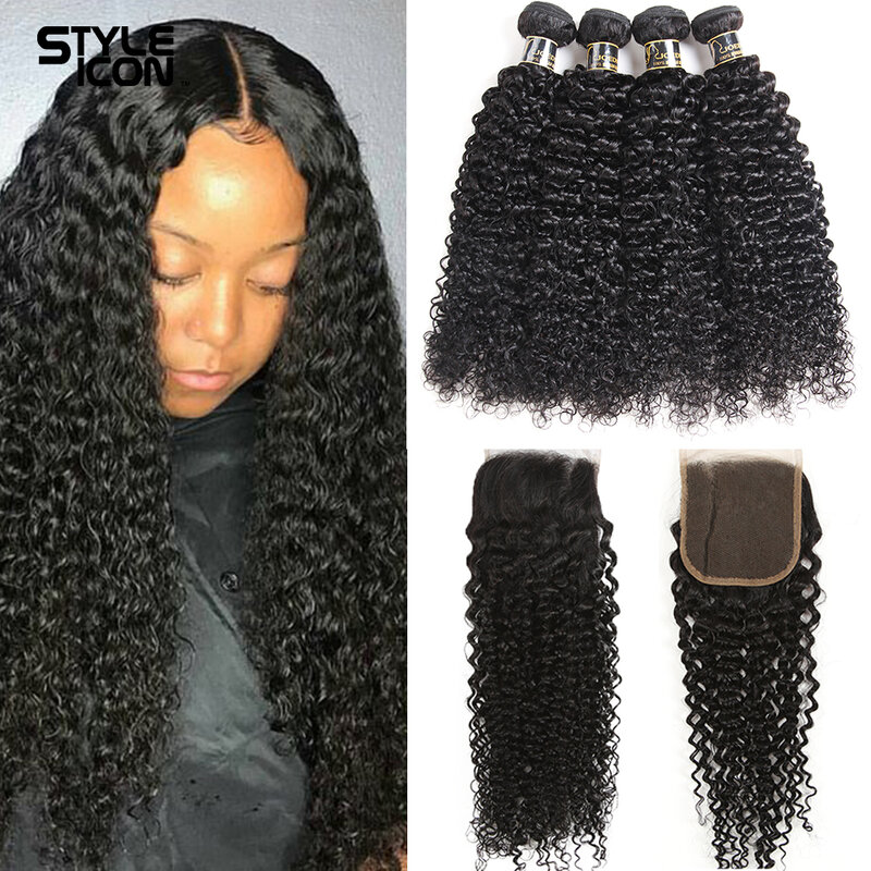 Mongolian Curly Bundles With Closure Kinky Curly Human Hair Bundles With Closure Styleicon Hair Weave 3 Bundles  With Closure