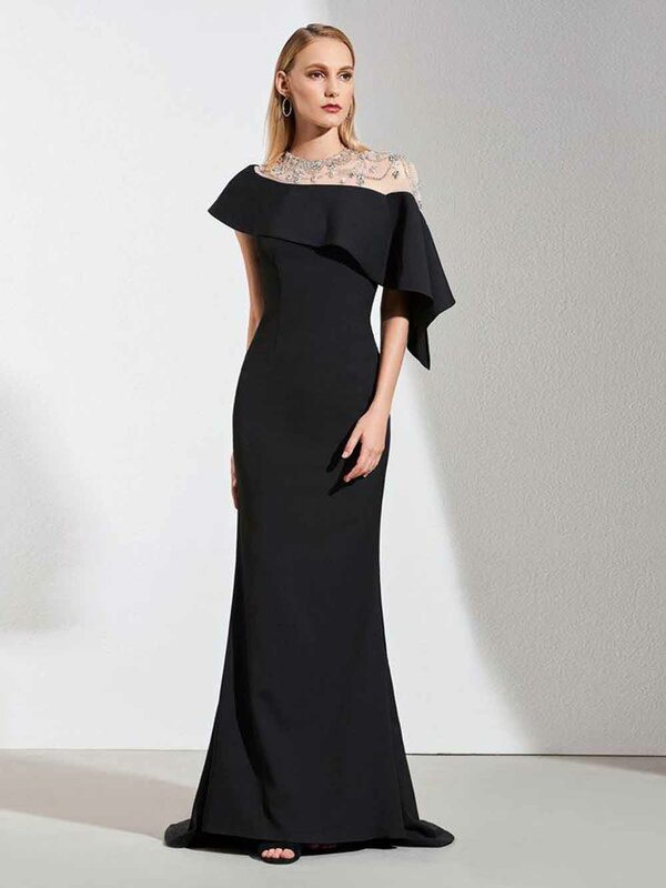 Черное мусульманвечерние вечернее платье-русалка, длинные платья для выпускного вечера, с открытыми плечами, 2021, исламский, Дубай, Саудовский, арабский стиль, короткие рукава, оборки