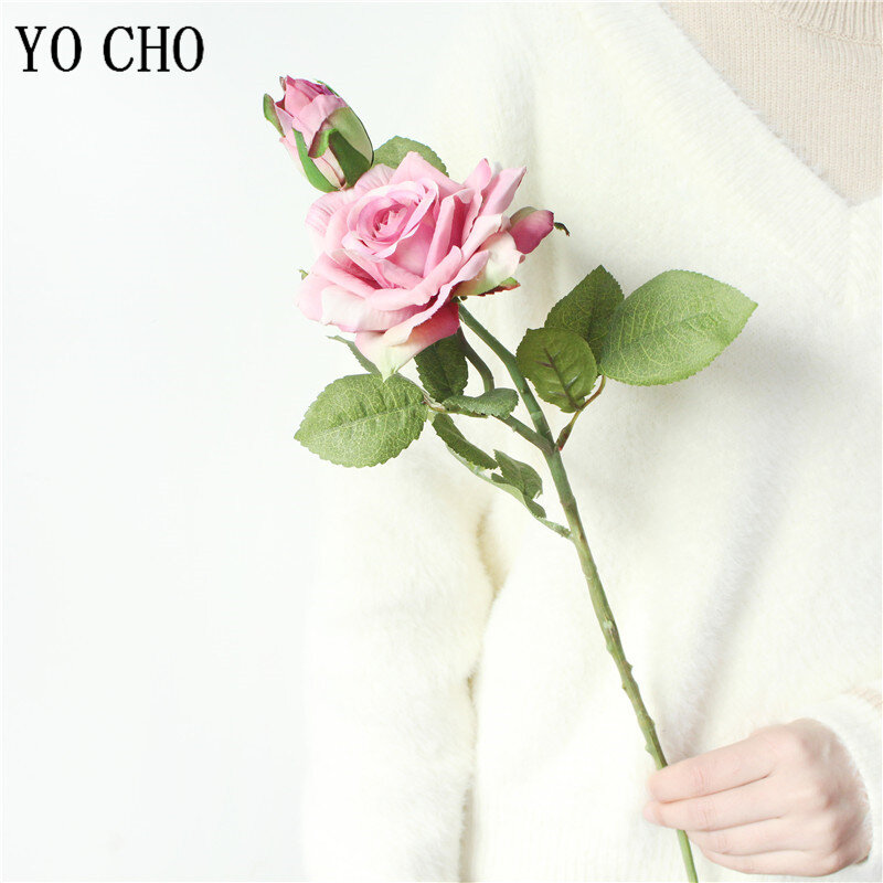 YO CHO 핑크 장미 실크 웨딩 부케 꽃, 결혼 DIY 신부 꽃, 라텍스 인공 장미 부케, 신부 들러리 장식