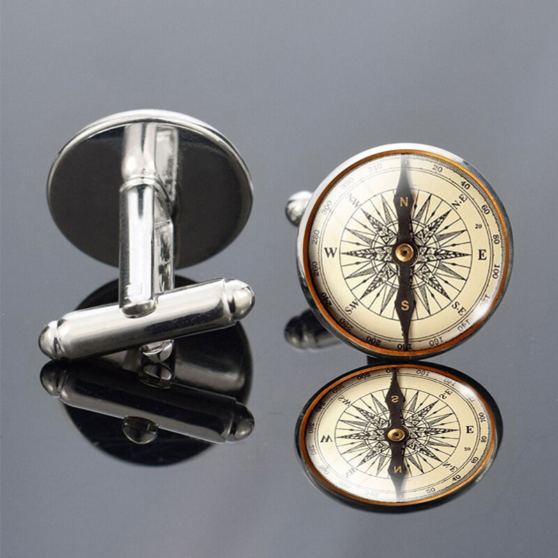 Manset cetak gambar kompas antik pria modis manset pernikahan hadiah Aksesori manset cocok untuk pria (bukan kompas asli)
