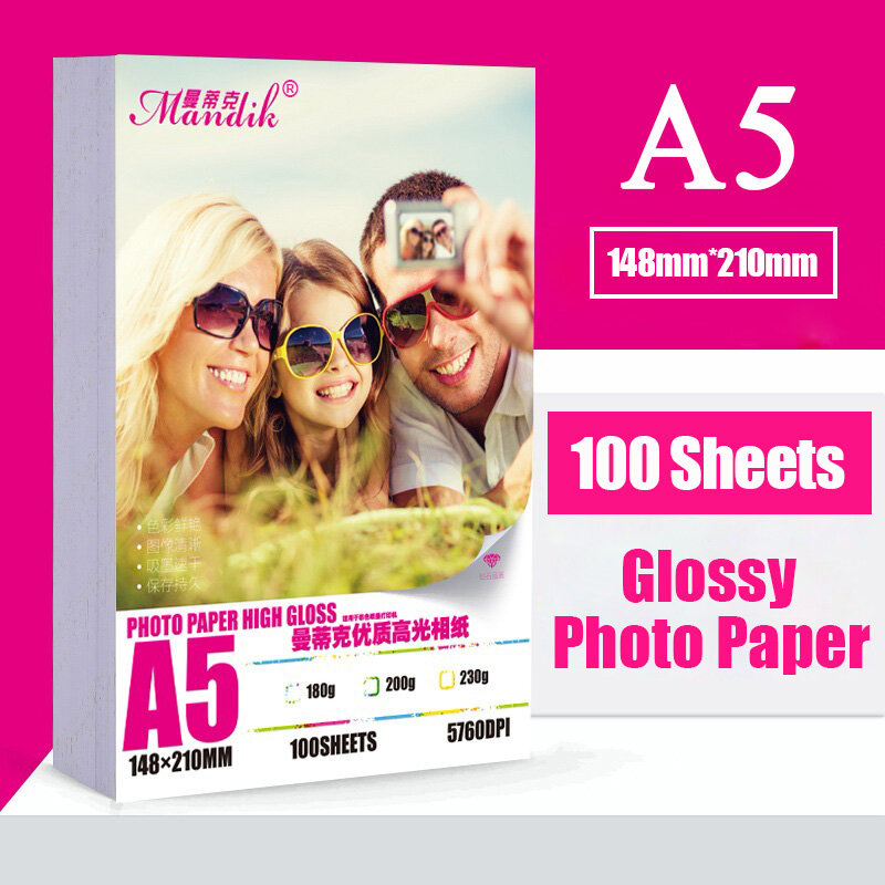 100 Lembar Kertas Foto Super Putih 200gsm Ukuran A5 Kertas Printer Premium Inkjet Glossy Tunggal