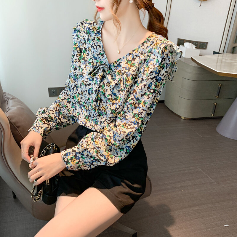 Blusa de chifón de manga larga para mujer, Top con estampado Floral y cuello en V, camisas informales coreanas elegantes con volantes y lazo, moda de otoño
