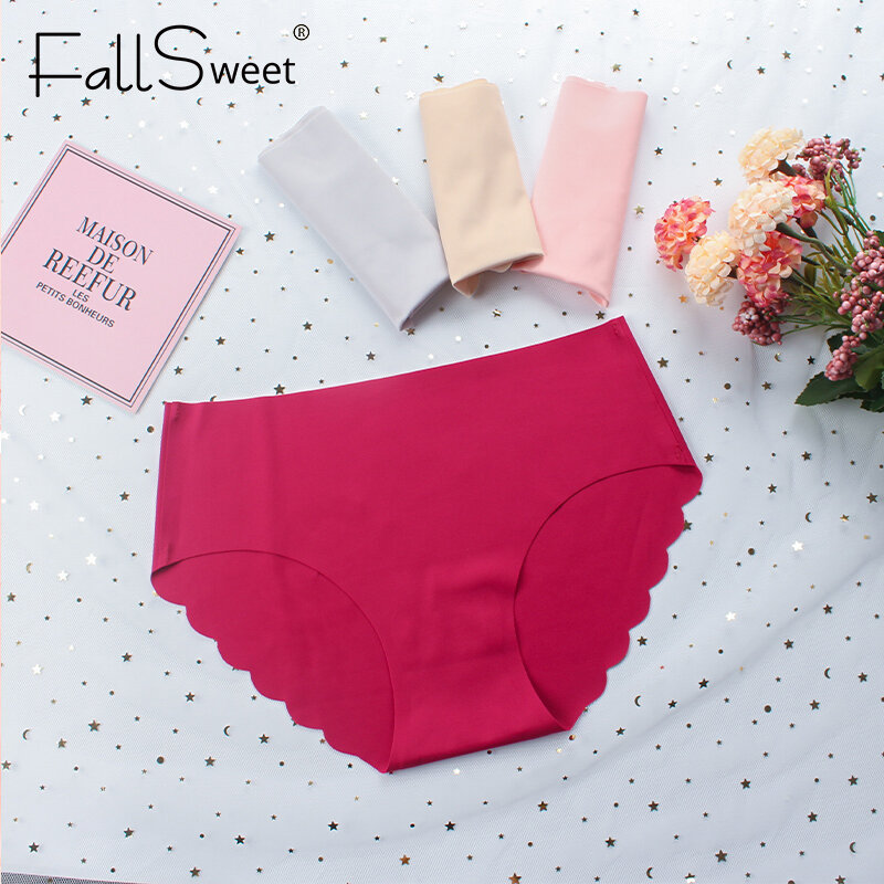 FallSweet 3 Buah/Lot! Celana Dalam Mulus Pakaian Dalam Seksi Solid Wanita Celana Dalam Pinggang Sedang M Hingga XXL