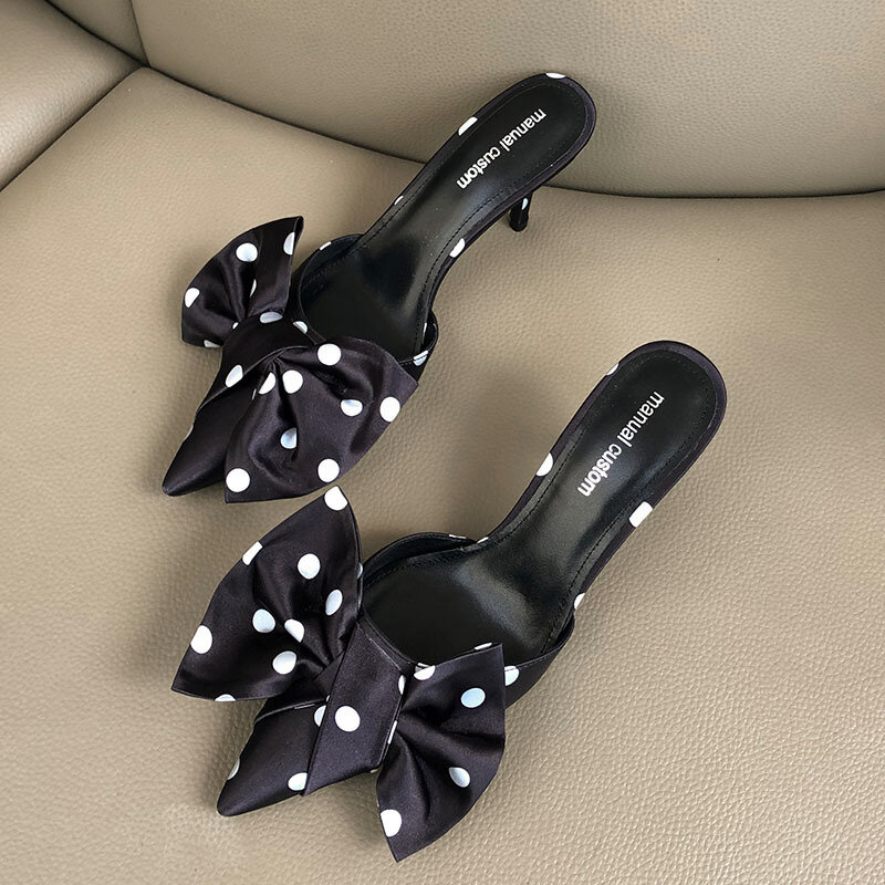 Bow-knot Slippers Women Luxury Slides High Heels Sandalias Mujer Sexy Pointed Toe Leather Ladies Shoes Outside Zapatos De Mujer