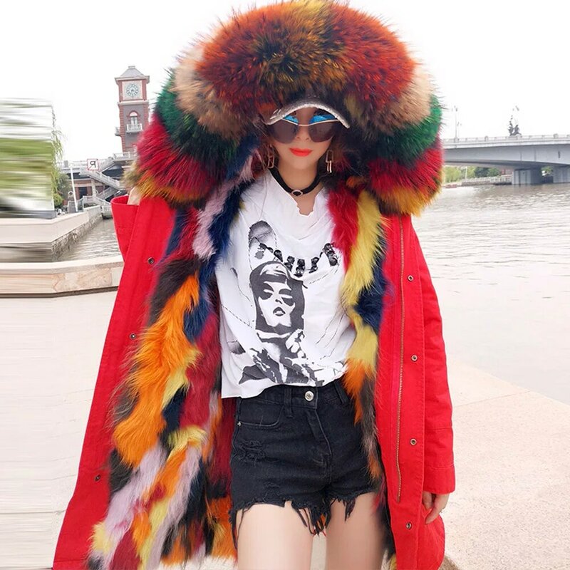 MAOMAOKONG-Chaqueta de piel de zorro Real Natural para mujer, Parkas con capucha, abrigo cálido de invierno, nueva