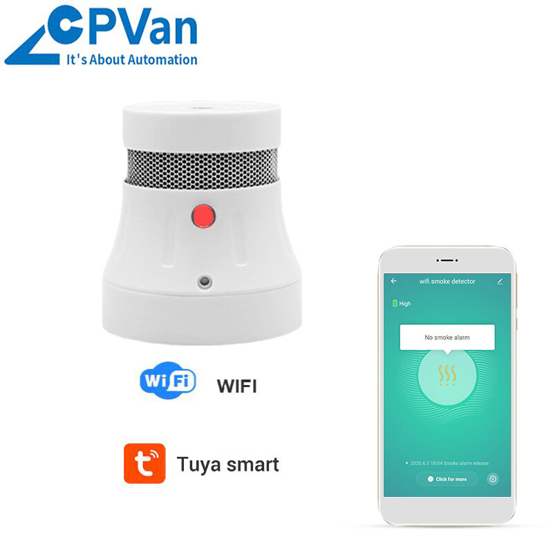 CPVan New Tuya WiFi Smoke Detector Over 3 Years Battery Life Smoke Alarm Detector EN14604 Listed CE Certified Include Battery