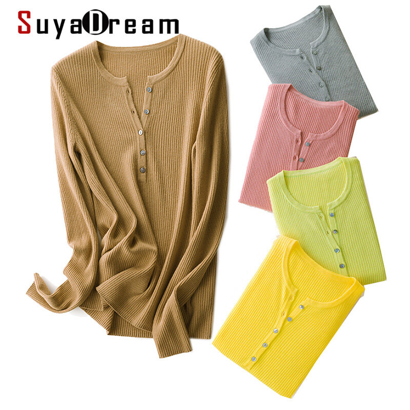 SuyaDream 여성 양모 스웨터 100% 양모 O 넥 풀오버 긴 소매 솔리드 리브 니트 스웨터 2020 가을 겨울 폴로 셔츠
