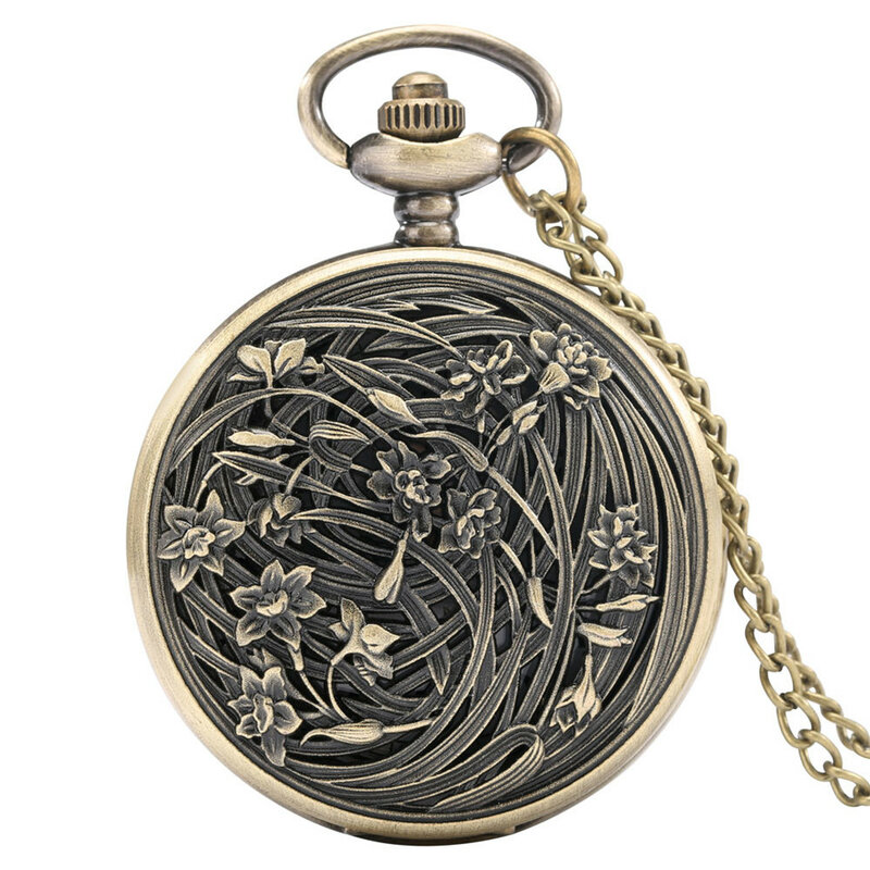 Reloj de bolsillo con diseño de orquídeas para hombre y mujer, pulsera de cuarzo con números árabes, esfera blanca, cadena de bronce, colgante de bolsillo