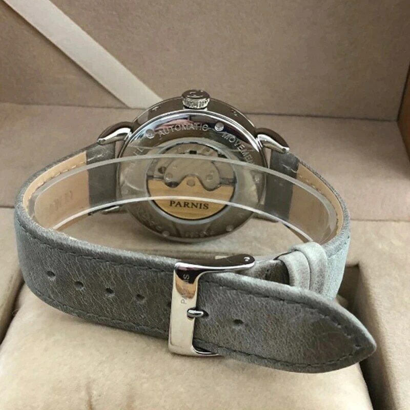 Novo parnis 42mm gmt prata caso árabe marca data janela pulseira de couro dos homens início lazer automático relógio mecânico com caixa presente
