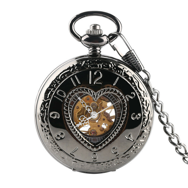 Retro Black Heart Shape Half Hunter Unisex Handwinding Mechanical Pocket Watch Steampunk Pendant Chain Clock Gift Men Women