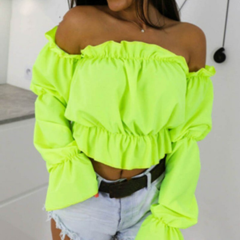 2021 Candy Farbe Off Schulter Crop Tops frauen Sommer dot druck laterne hülse shirts Dame Sexy Slash neck strand bluse