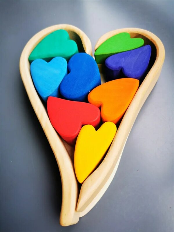 10 sztuk dzieci drewniane zabawki lipa/buk tęczowe serce układanie z taca drewniana pastelowe klocki wczesnego uczenia się