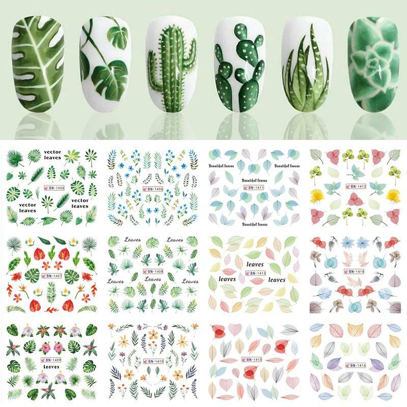 12 цветов, набор смешанных цветов, геометрический дизайн ногтей, водные переводные наклейки, слайдеры, цветочные листья, дизайнерские наклейки для ногтей