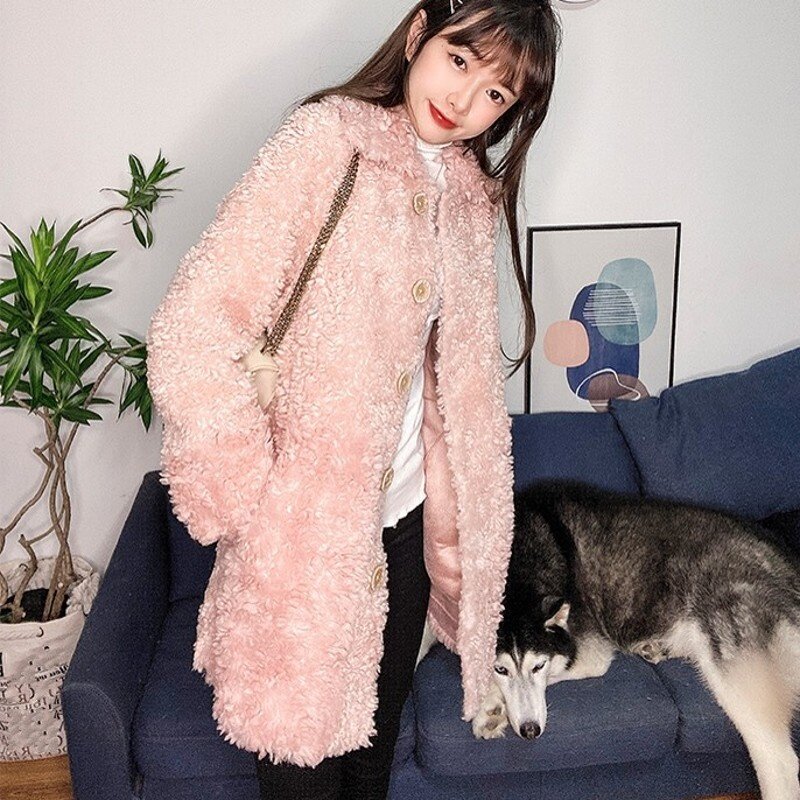 Manteau en fourrure de laine d'agneau pour femme, Long, élégant, solide, Style coréen, vêtements d'extérieur décontractés, automne-hiver, 2022