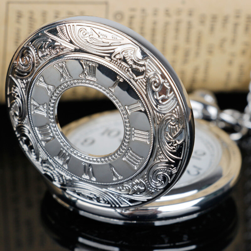 Mode klassische Silber Quarz Taschenuhr Halskette römische Ziffern Flip Anhänger Uhr Direkt vertrieb